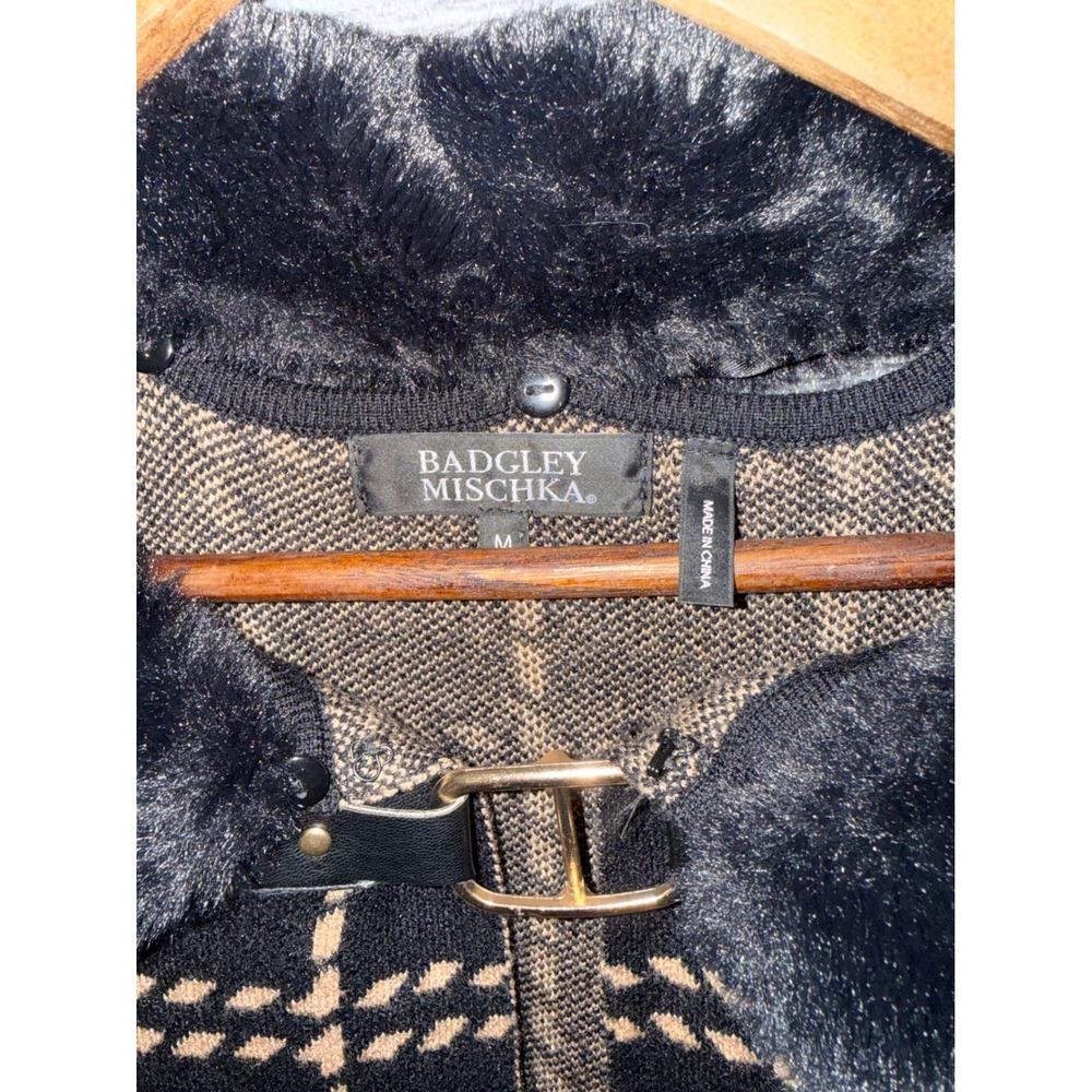 Badgley Mischka Women Black Plaid Knit Cardigan Faux Fur Collar Buckle Coat M - Picture 2 of 4